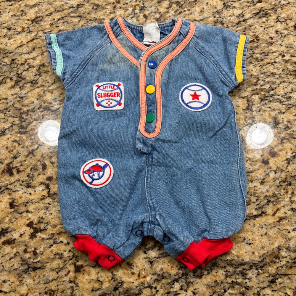 Vintage Hopscotch Denim Baseball Romper Little Slugger Blue Red 0-6 Months